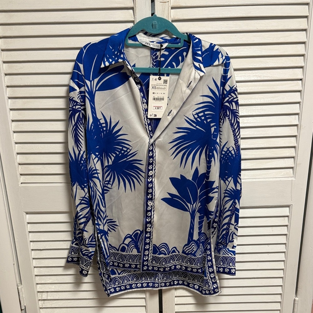 Zara Blue and White Palm Print Shirt